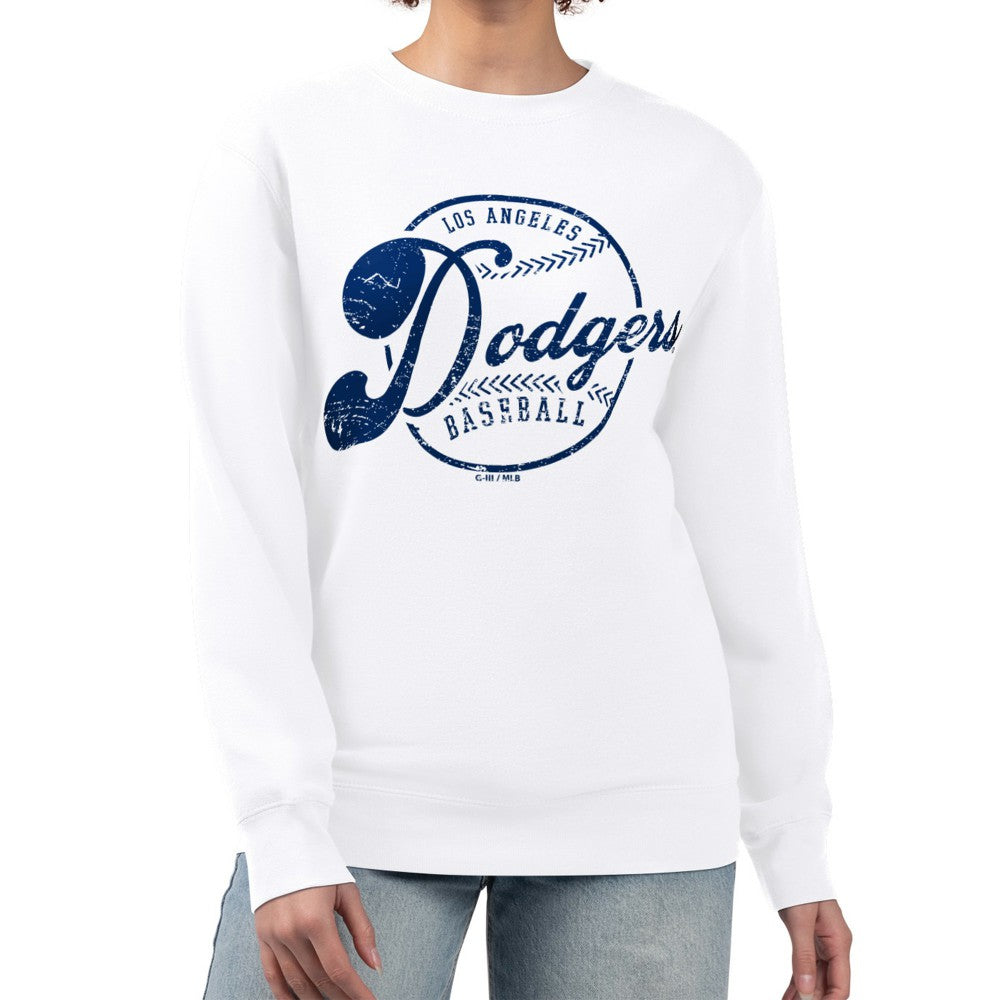 Los Angeles Dodgers G-III 4Her by Carl Banks Women's Distressed Baseball Team Fleece Pullover Sweatshirt - White - MLB Sale
