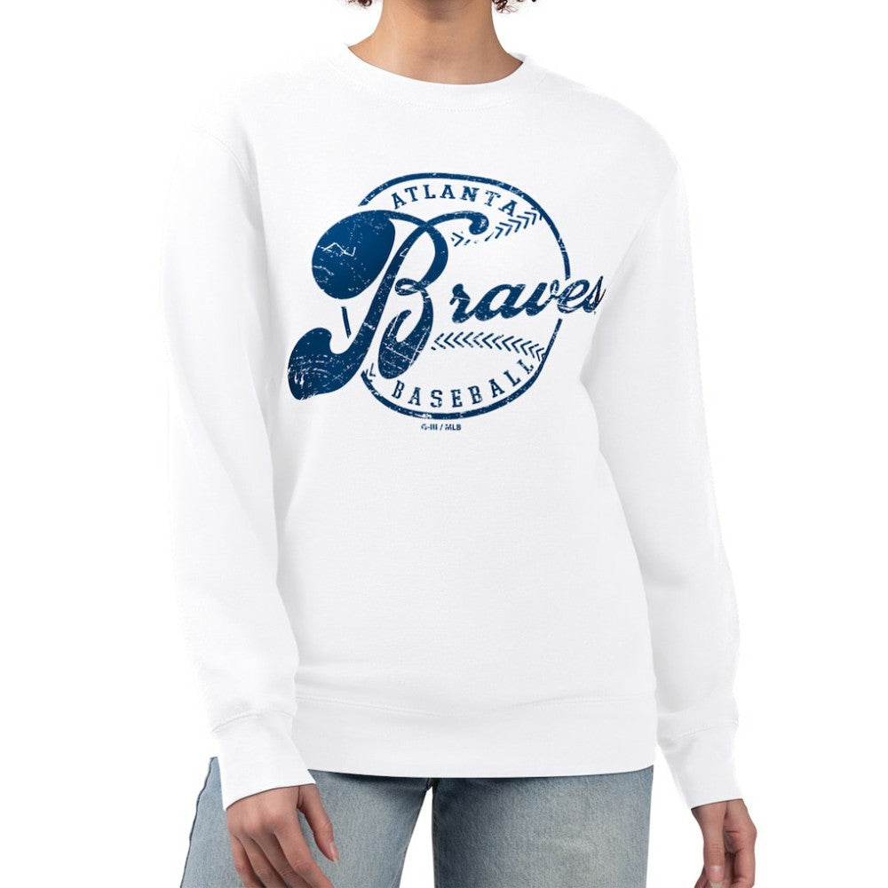 Atlanta Braves G-III 4Her by Carl Banks Women's Distressed Baseball Team Fleece Pullover Sweatshirt - White - MLB Discount