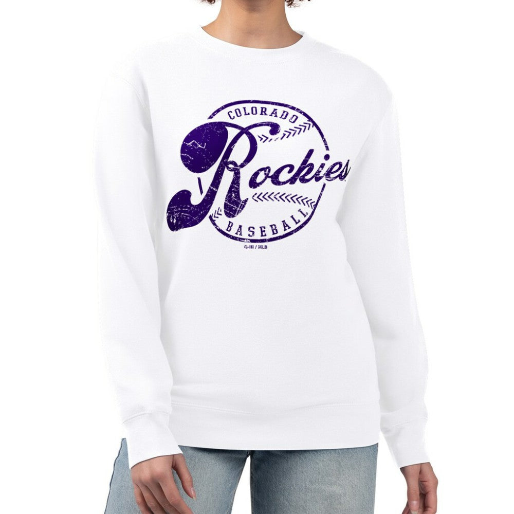 Colorado Rockies G-III 4Her by Carl Banks Women's Distressed Baseball Team Fleece Pullover Sweatshirt - White - MLB Online