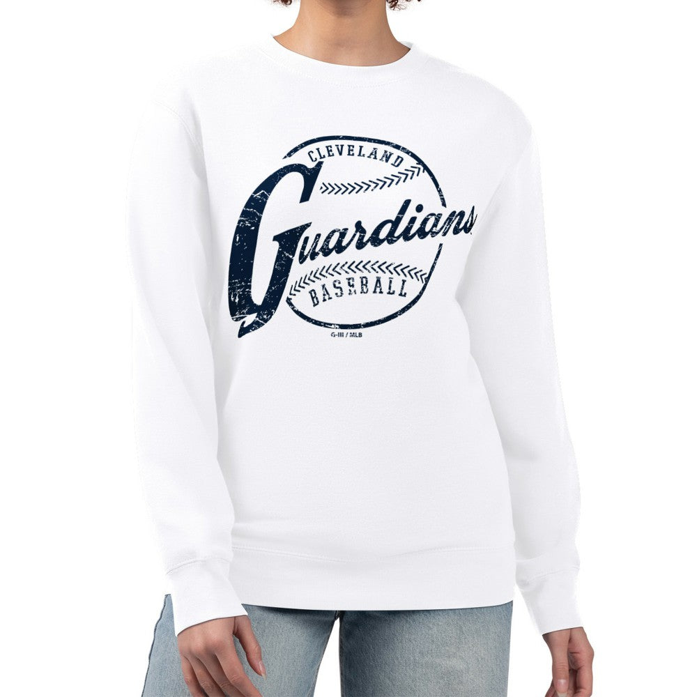 Cleveland Guardians G-III 4Her by Carl Banks Women's Distressed Baseball Team Fleece Pullover Sweatshirt - White - MLB Sale
