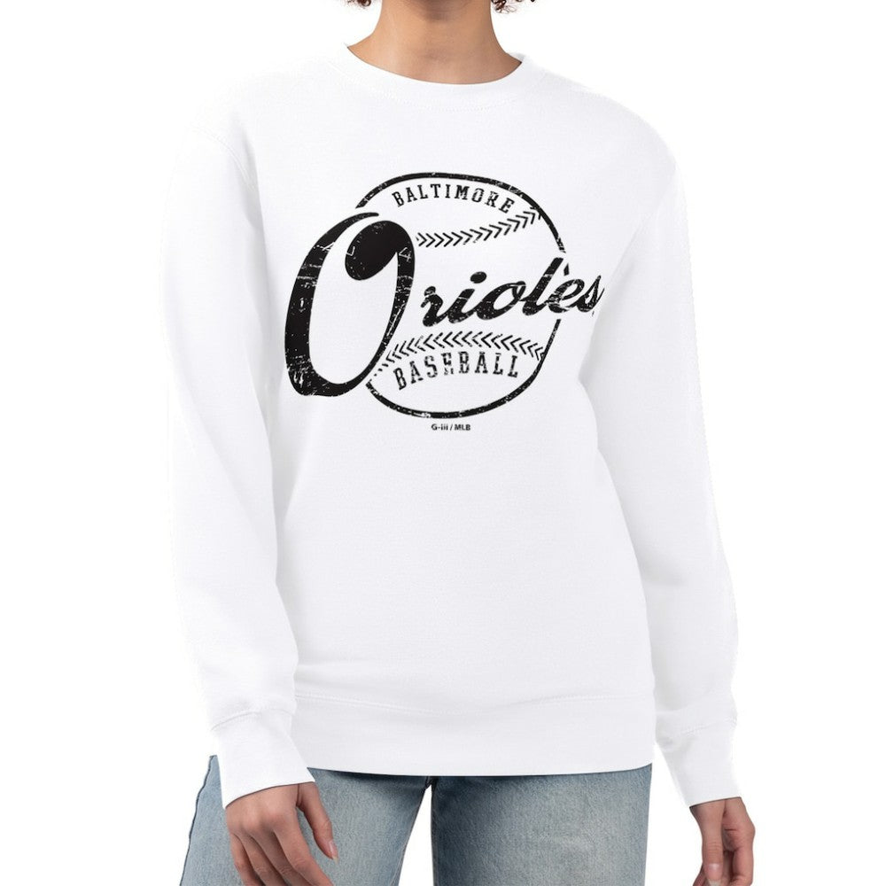 Baltimore Orioles G-III 4Her by Carl Banks Women's Distressed Baseball Team Fleece Pullover Sweatshirt - White - MLB Discount