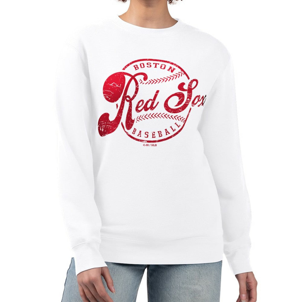 Boston Red Sox G-III 4Her by Carl Banks Women's Distressed Baseball Team Fleece Pullover Sweatshirt - White - MLB Lifestyle