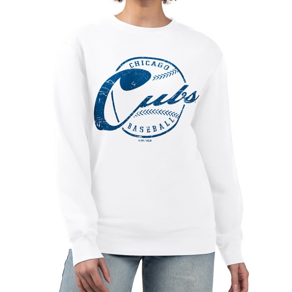 Chicago Cubs G-III 4Her by Carl Banks Women's Distressed Baseball Team Fleece Pullover Sweatshirt - White - MLB Online