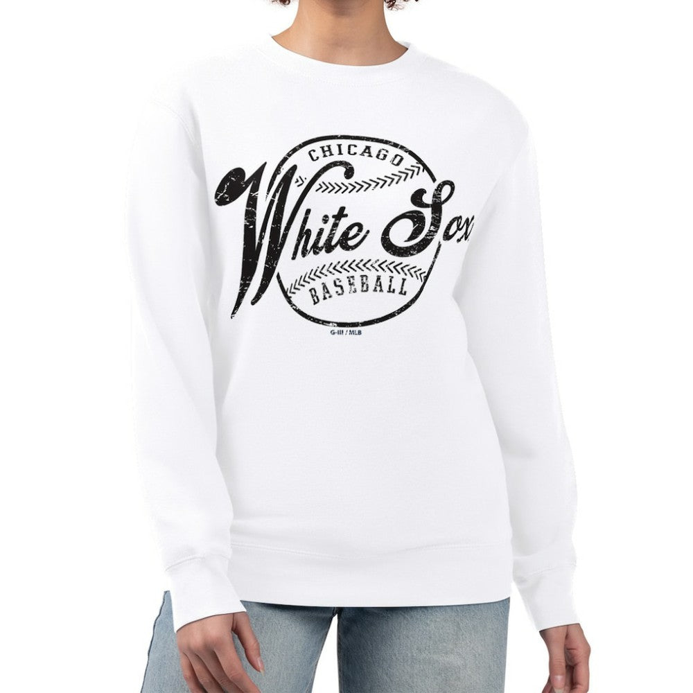 Chicago White Sox G-III 4Her by Carl Banks Women's Distressed Baseball Team Fleece Pullover Sweatshirt - White - MLB Lifestyle