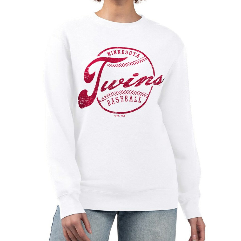 Minnesota Twins G-III 4Her by Carl Banks Women's Distressed Baseball Team Fleece Pullover Sweatshirt - White - MLB Lifestyle