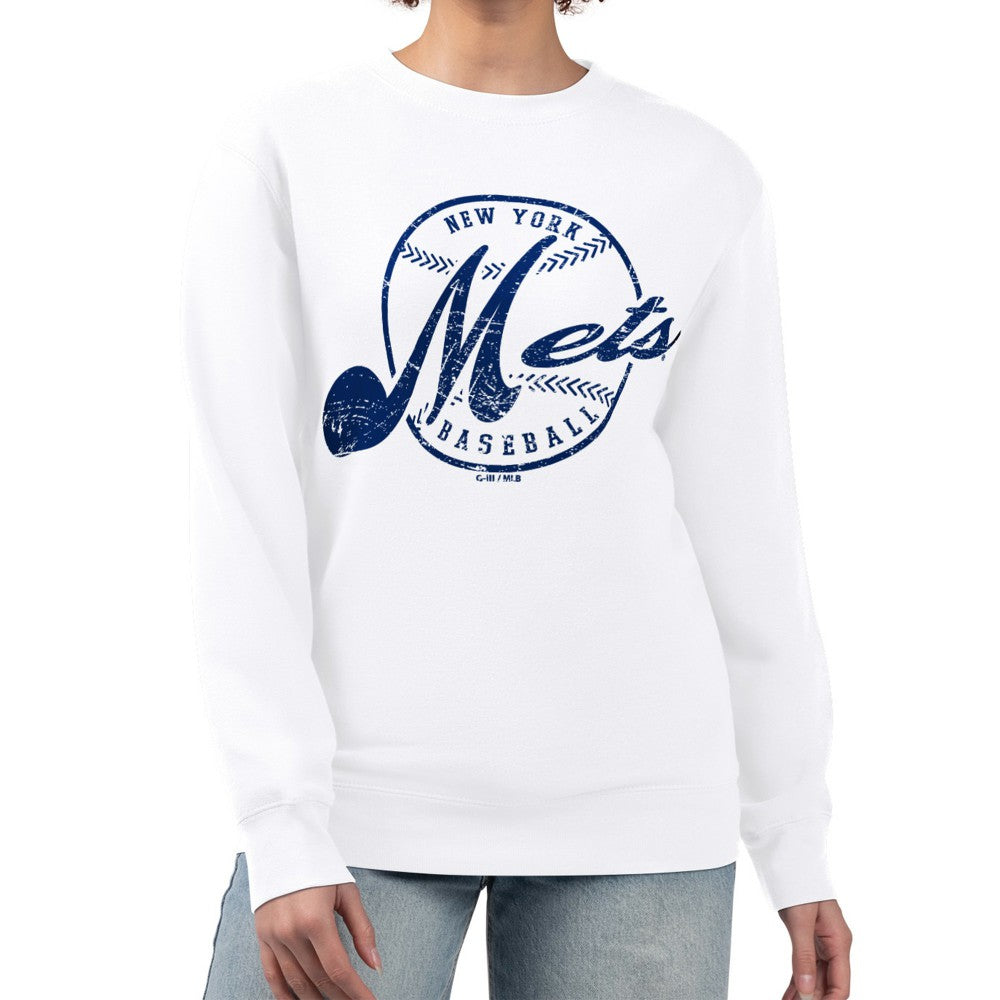 New York Mets G-III 4Her by Carl Banks Women's Distressed Baseball Team Fleece Pullover Sweatshirt - White - MLB on Sale