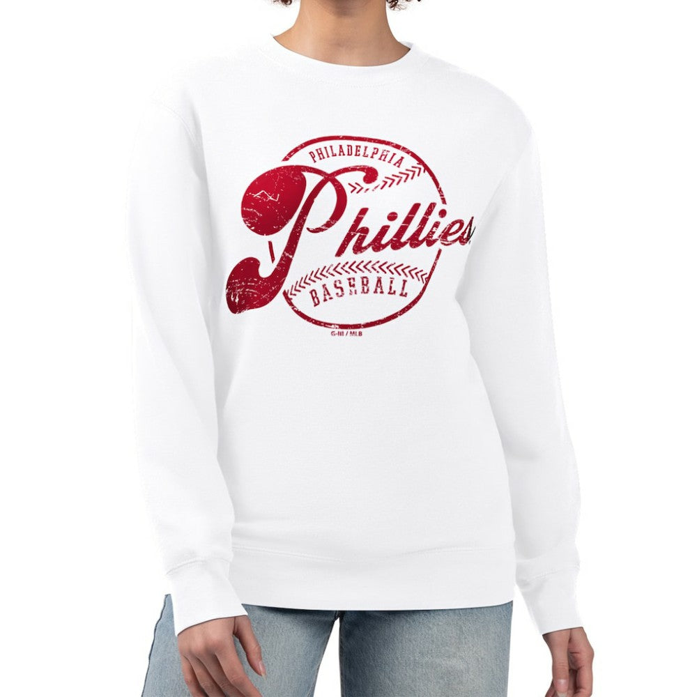 Philadelphia Phillies G-III 4Her by Carl Banks Women's Distressed Baseball Team Fleece Pullover Sweatshirt - White - MLB Online