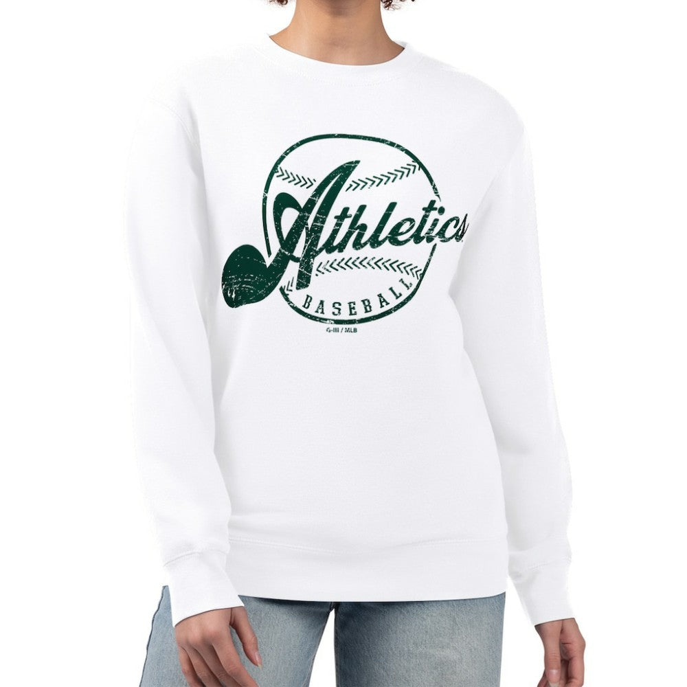 Athletics G-III 4Her by Carl Banks Women's Distressed Baseball Team Fleece Pullover Sweatshirt - White - MLB Sale