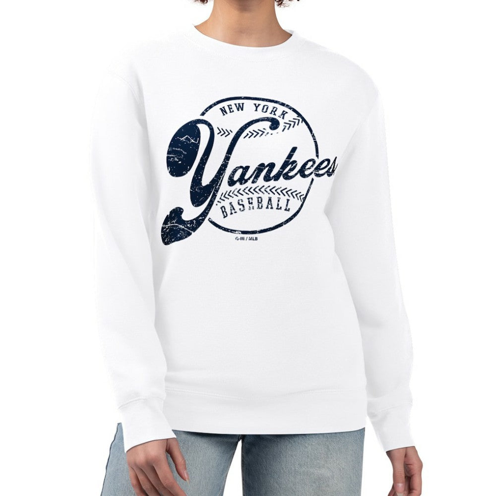 New York Yankees G-III 4Her by Carl Banks Women's Distressed Baseball Team Fleece Pullover Sweatshirt - White - MLB Discount