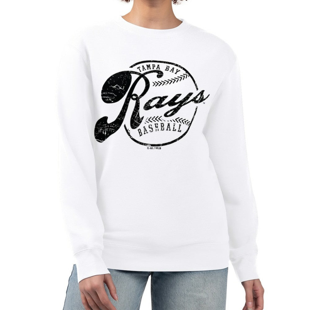 Tampa Bay Rays G-III 4Her by Carl Banks Women's Distressed Baseball Team Fleece Pullover Sweatshirt - White - MLB on Sale