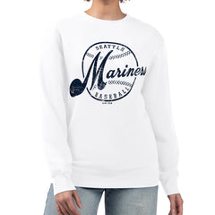 Seattle Mariners G-III 4Her by Carl Banks Women's Distressed Baseball Team Fleece Pullover Sweatshirt - White - MLB on Sale