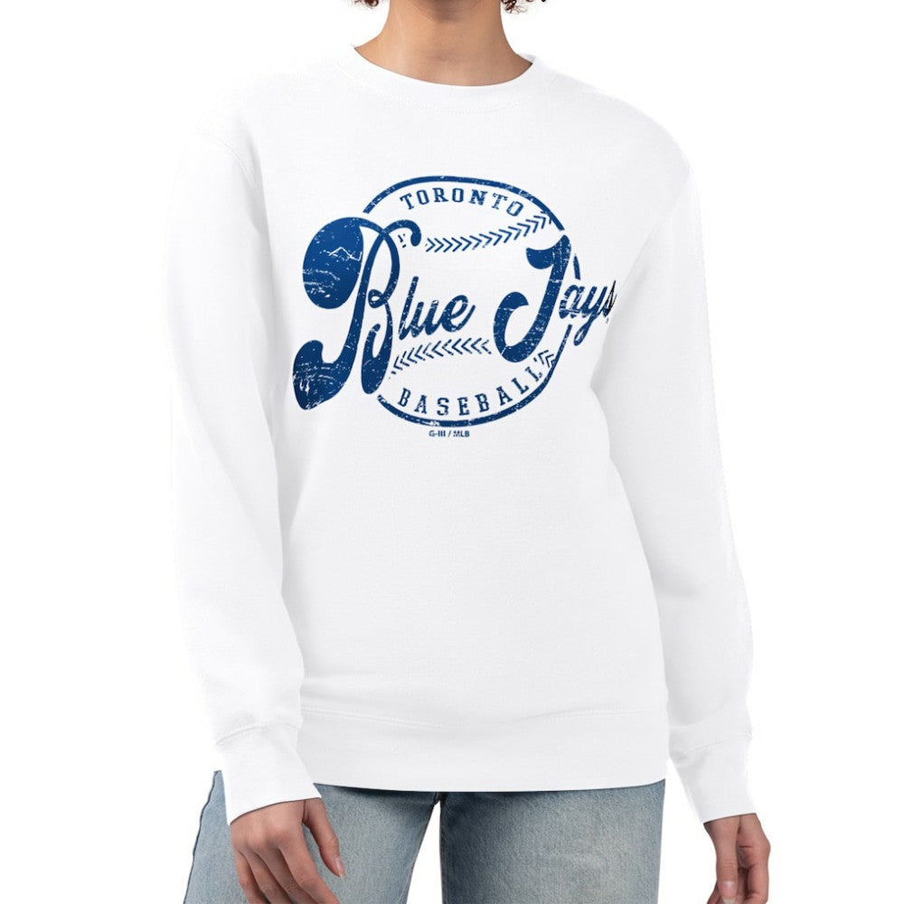 Toronto Blue Jays G-III 4Her by Carl Banks Women's Distressed Baseball Team Fleece Pullover Sweatshirt - White - MLB Lifestyle