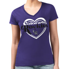 Colorado Rockies G-III 4Her by Carl Banks Women's Super-Slim Fit Lightweight Double Heart V-Neck T-Shirt - Purple - MLB Lifestyle