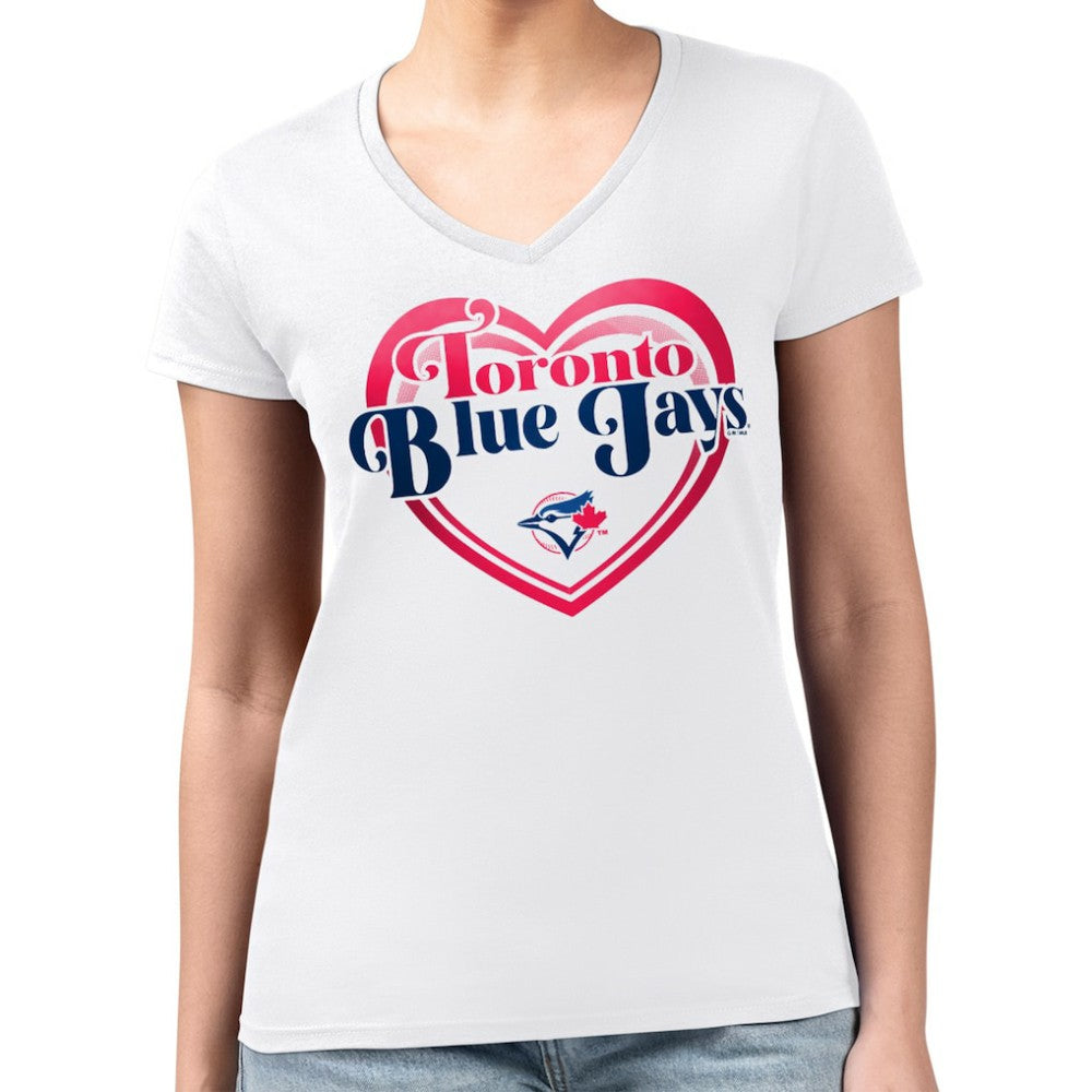 Toronto Blue Jays G-III 4Her by Carl Banks Women's Super-Slim Fit Lightweight Double Heart V-Neck T-Shirt - White - MLB Online