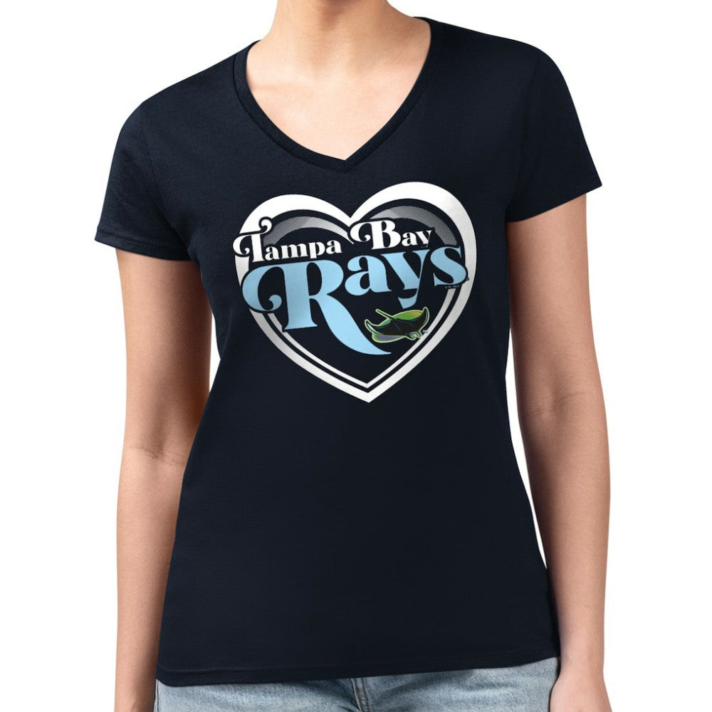 Tampa Bay Rays G-III 4Her by Carl Banks Women's Super-Slim Fit Lightweight Double Heart V-Neck T-Shirt - Navy - MLB Discount