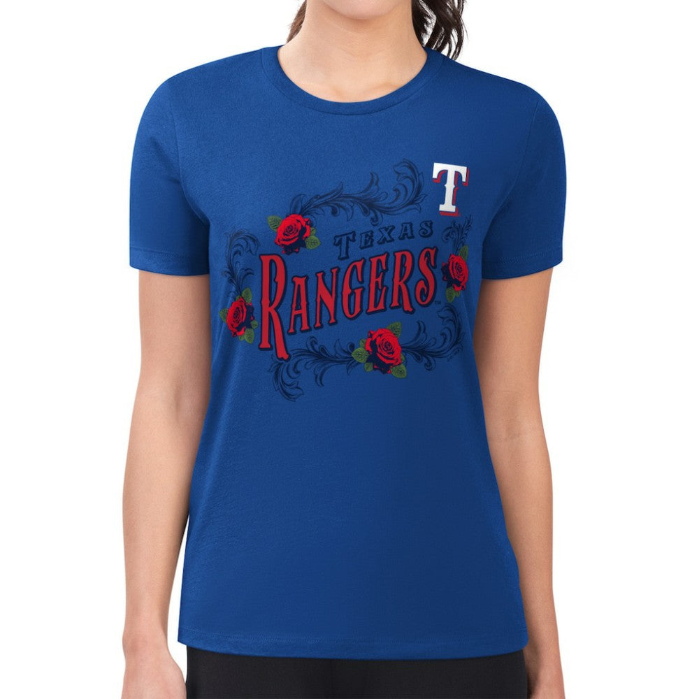 Texas Rangers G-III 4Her by Carl Banks Women's Super-Slim Fit Lightweight Retro Roses T-Shirt - Royal - MLB Lifestyle