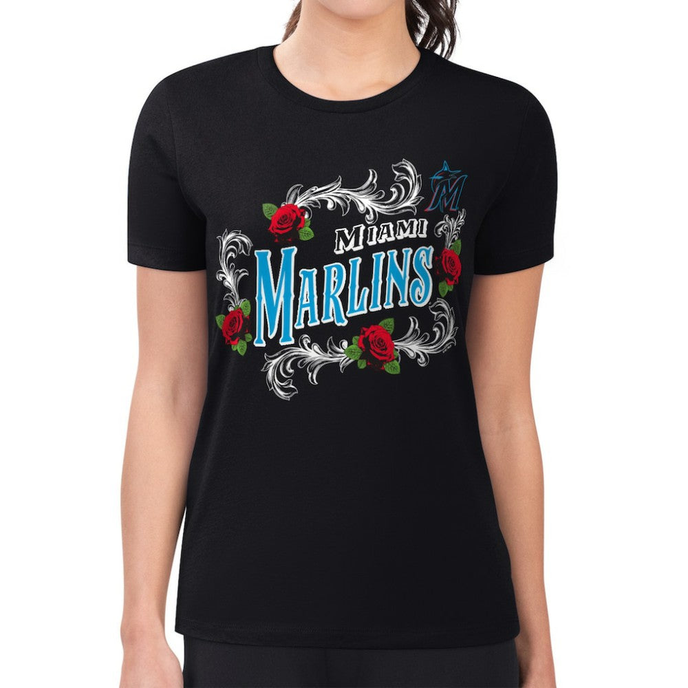 Miami Marlins G-III 4Her by Carl Banks Women's Super-Slim Fit Lightweight Retro Roses T-Shirt - Black - MLB on Sale