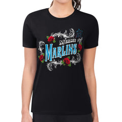Miami Marlins G-III 4Her by Carl Banks Women's Super-Slim Fit Lightweight Retro Roses T-Shirt - Black - MLB on Sale