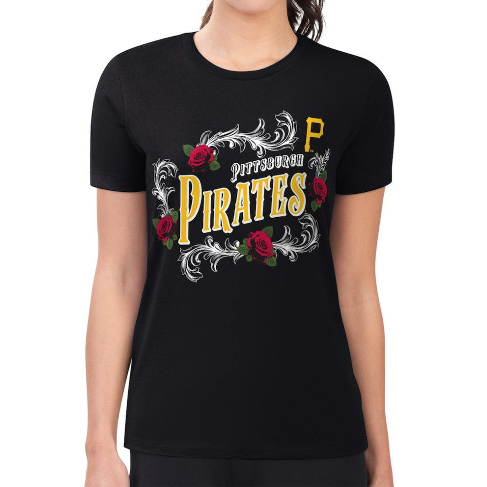 Pittsburgh Pirates G-III 4Her by Carl Banks Women's Super-Slim Fit Lightweight Retro Roses T-Shirt - Black - MLB Lifestyle