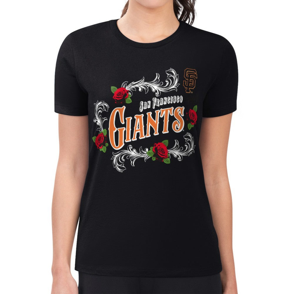 San Francisco Giants G-III 4Her by Carl Banks Women's Super-Slim Fit Lightweight Retro Roses T-Shirt - Black - MLB Lifestyle