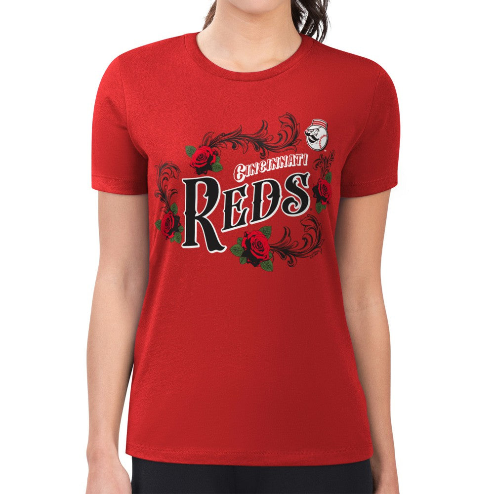 Cincinnati Reds G-III 4Her by Carl Banks Women's Super-Slim Fit Lightweight Retro Roses T-Shirt - Red - MLB Sale