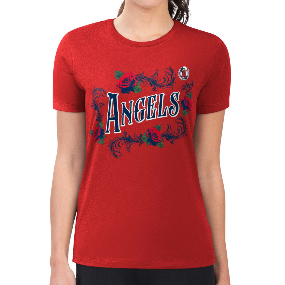 Los Angeles Angels G-III 4Her by Carl Banks Women's Super-Slim Fit Lightweight Retro Roses T-Shirt - Red - MLB Online