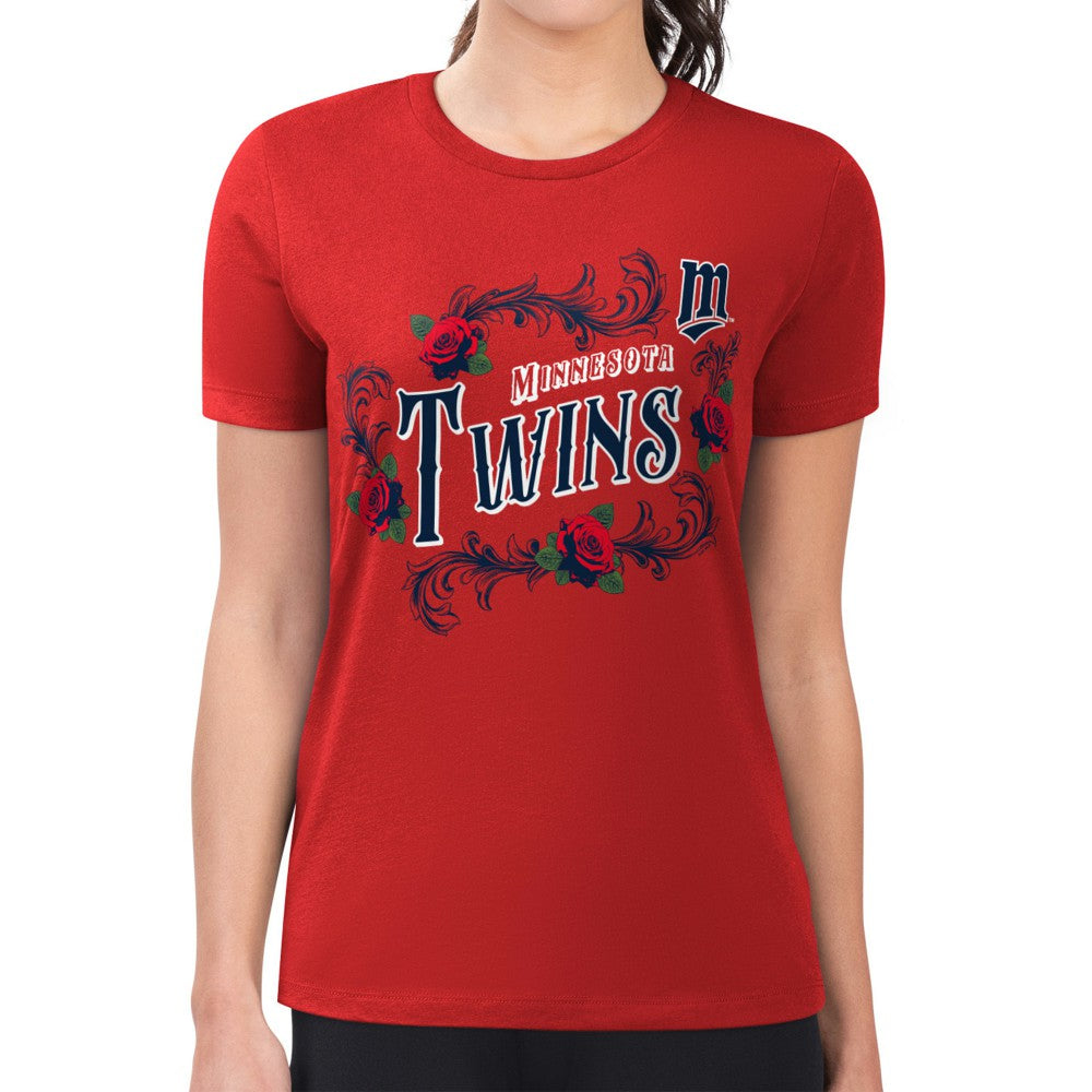 Minnesota Twins G-III 4Her by Carl Banks Women's Super-Slim Fit Lightweight Retro Roses T-Shirt - Red - MLB Discount