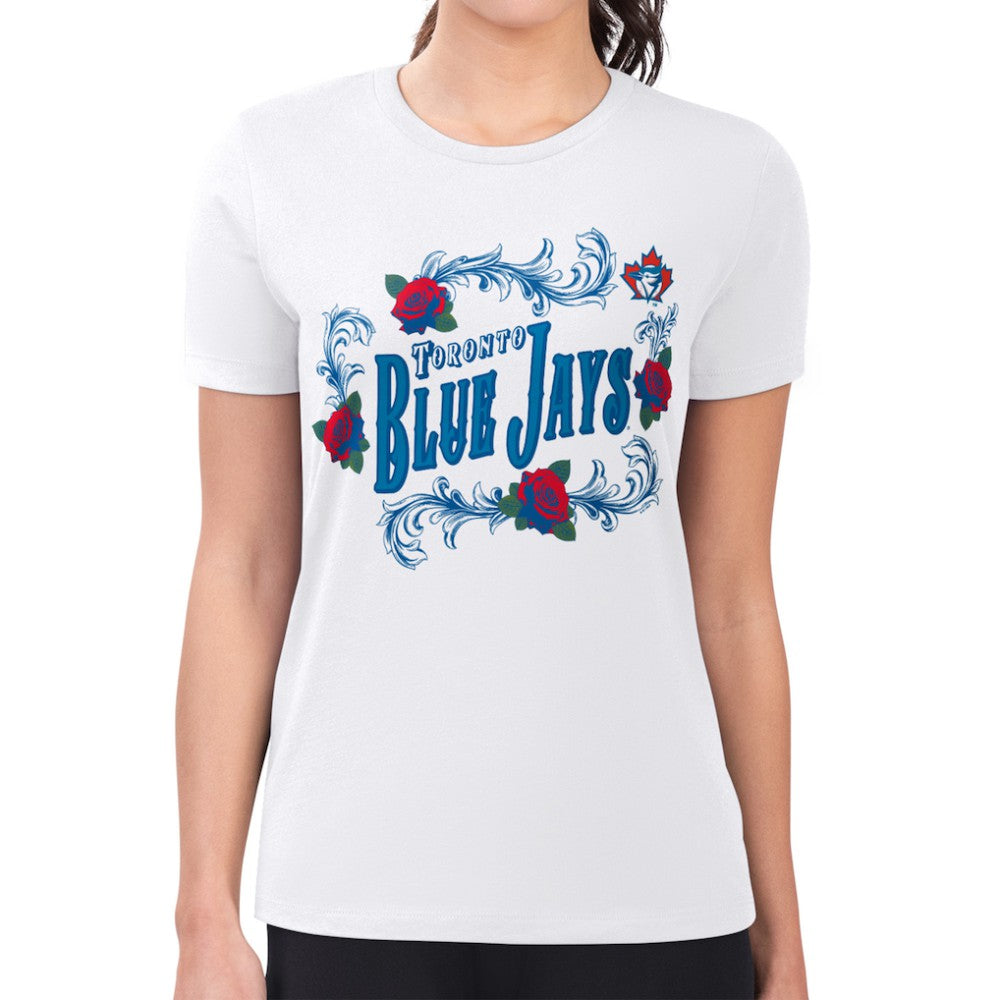 Toronto Blue Jays G-III 4Her by Carl Banks Women's Super-Slim Fit Lightweight Retro Roses T-Shirt - White - MLB Lifestyle
