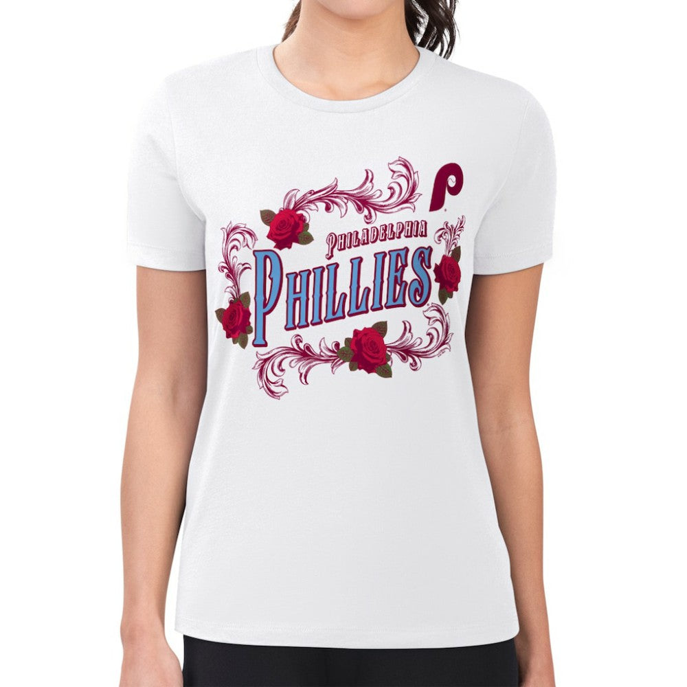Philadelphia Phillies G-III 4Her by Carl Banks Women's Super-Slim Fit Lightweight Retro Roses T-Shirt - White - MLB Discount
