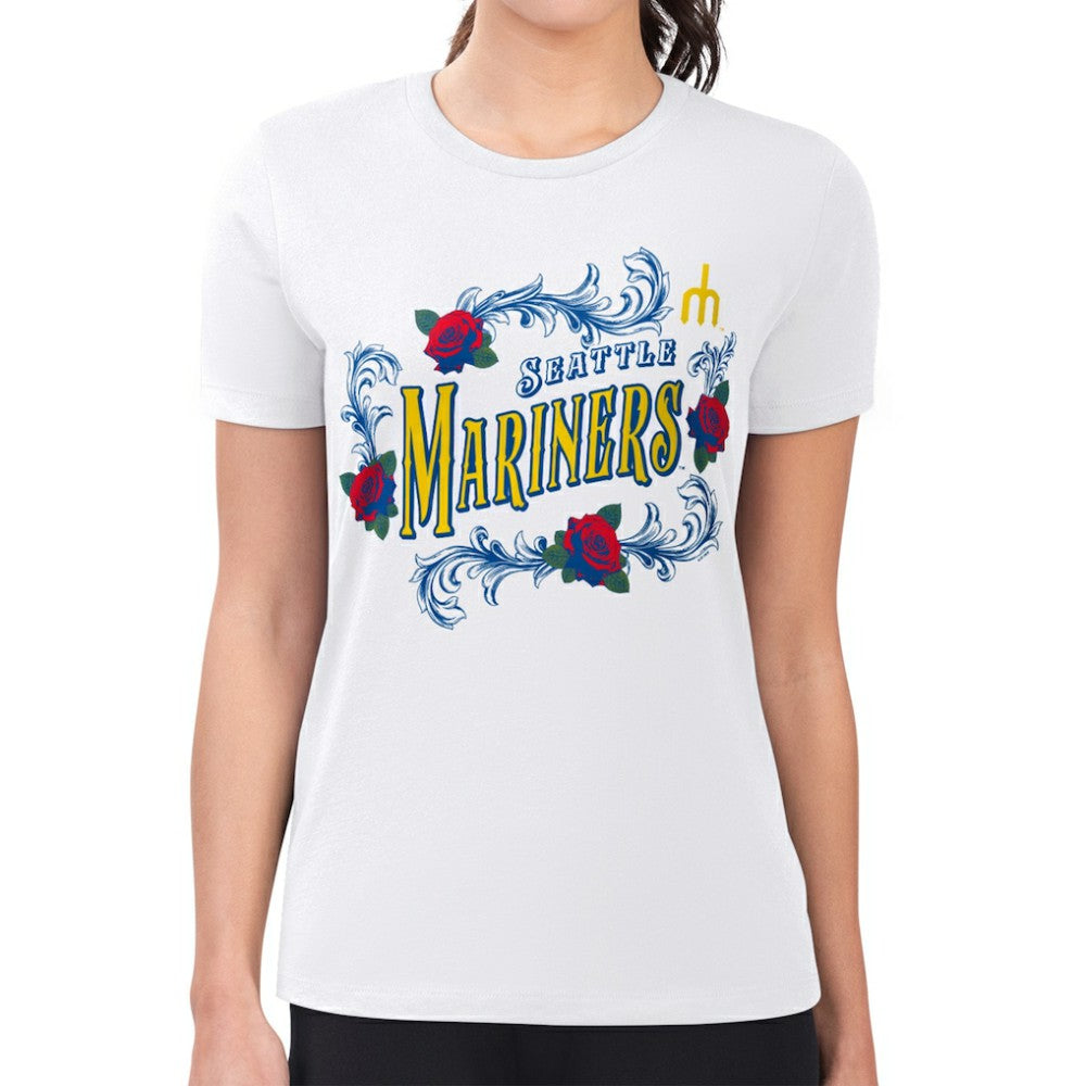 Seattle Mariners G-III 4Her by Carl Banks Women's Super-Slim Fit Lightweight Retro Roses T-Shirt - White - MLB Online
