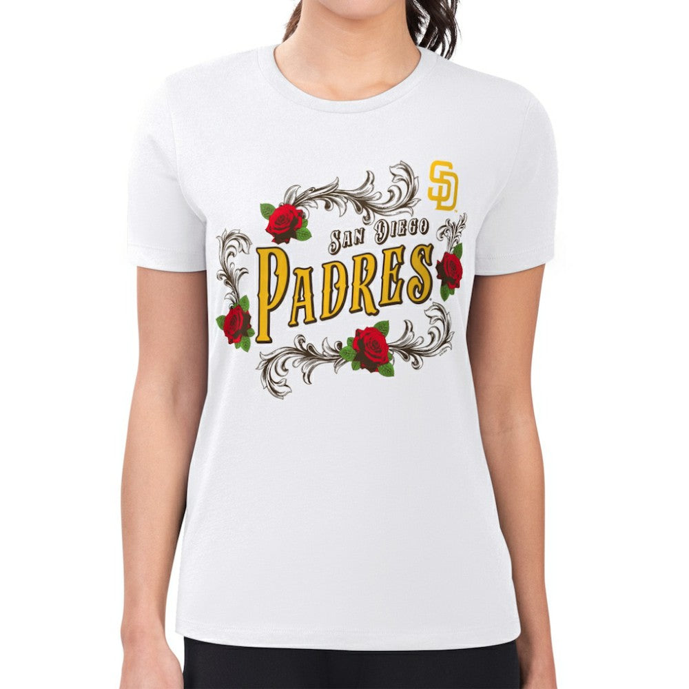 San Diego Padres G-III 4Her by Carl Banks Women's Super-Slim Fit Lightweight Retro Roses T-Shirt - White - MLB Sale