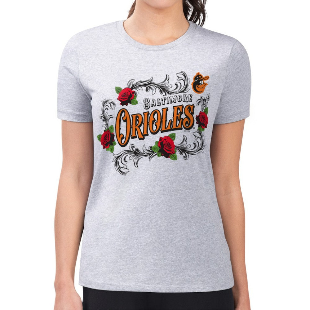 Baltimore Orioles G-III 4Her by Carl Banks Women's Super-Slim Fit Lightweight Retro Roses T-Shirt - Gray - MLB Lifestyle