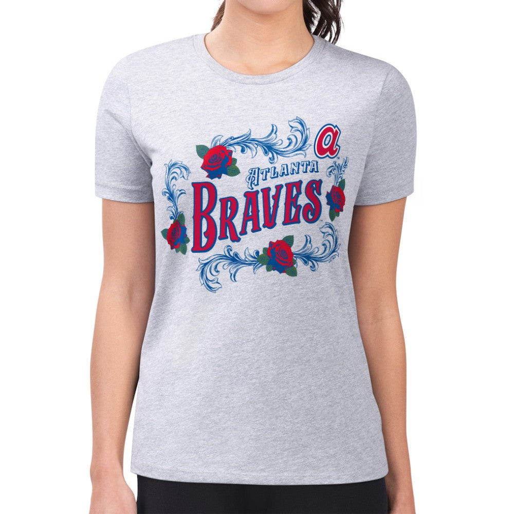Atlanta Braves G-III 4Her by Carl Banks Women's Super-Slim Fit Lightweight Retro Roses T-Shirt - Gray - MLB Lifestyle