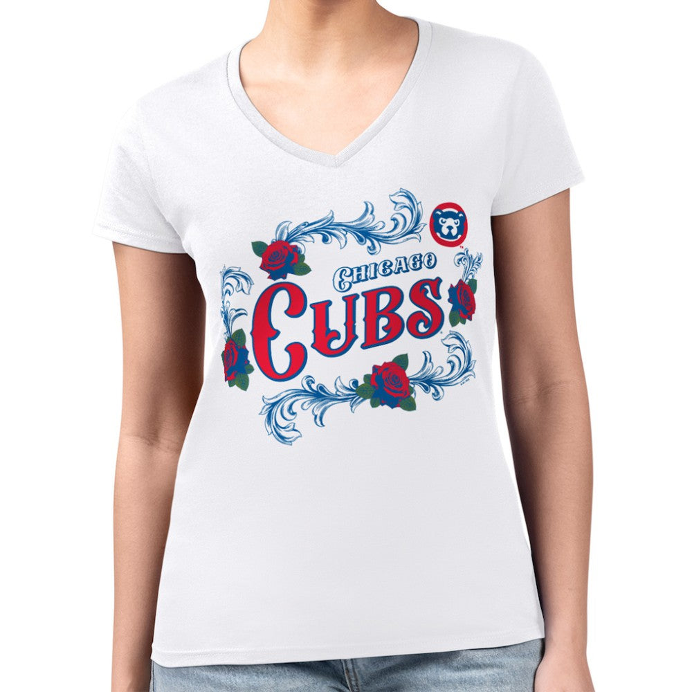 Chicago Cubs G-III 4Her by Carl Banks Women's Super-Slim Fit Lightweight Retro Roses V-Neck T-Shirt - White - MLB Lifestyle