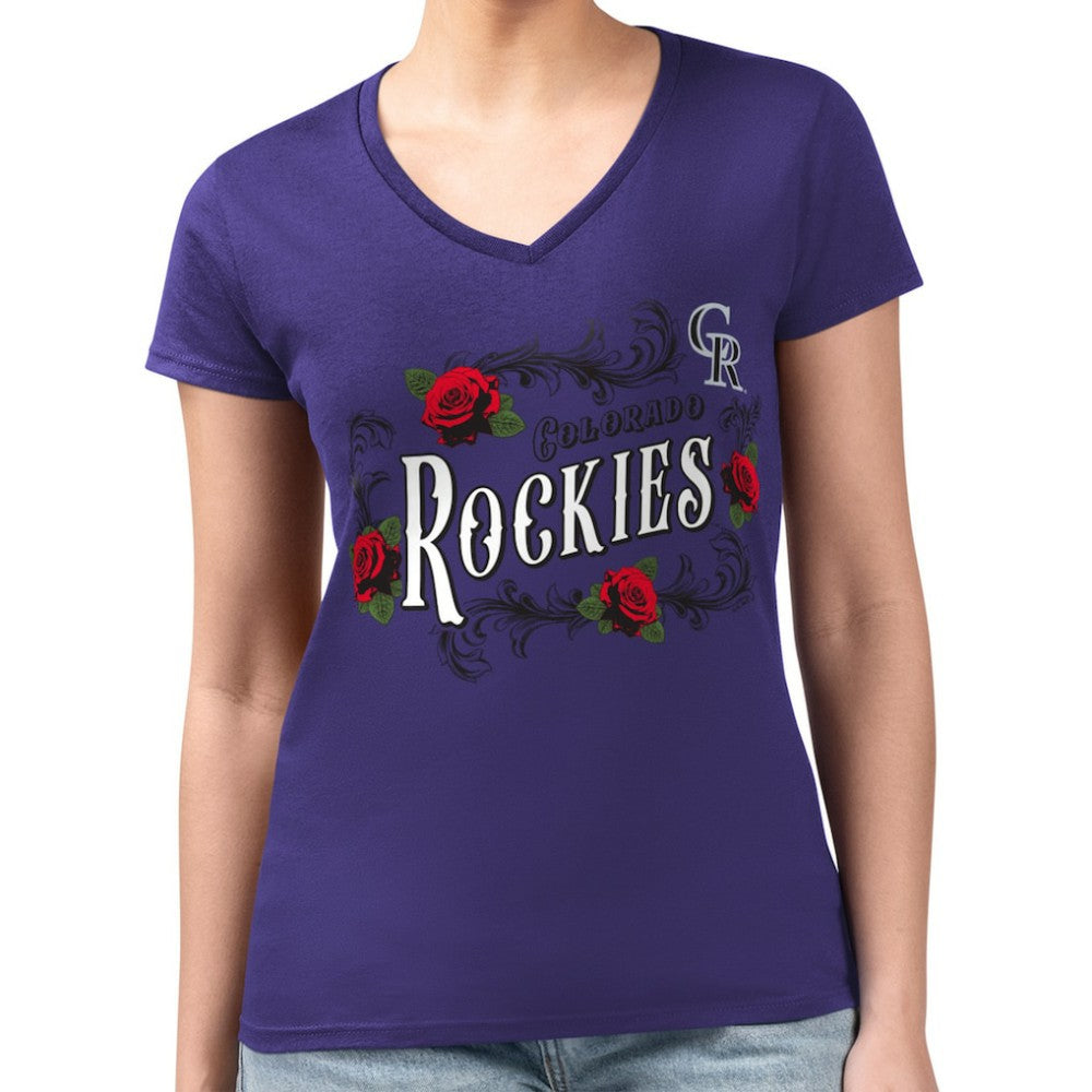 Colorado Rockies G-III 4Her by Carl Banks Women's Super-Slim Fit Lightweight Retro Roses V-Neck T-Shirt - Purple - MLB Online