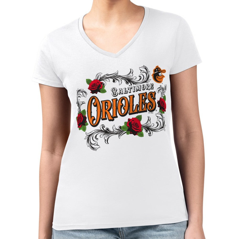 Baltimore Orioles G-III 4Her by Carl Banks Women's Super-Slim Fit Lightweight Retro Roses V-Neck T-Shirt - White - MLB Lifestyle