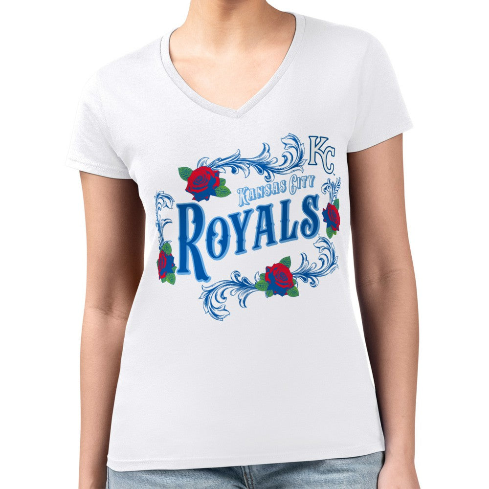 Kansas City Royals G-III 4Her by Carl Banks Women's Super-Slim Fit Lightweight Retro Roses V-Neck T-Shirt - White - MLB Sale