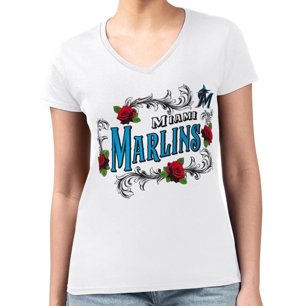 Miami Marlins G-III 4Her by Carl Banks Women's Super-Slim Fit Lightweight Retro Roses V-Neck T-Shirt - White - MLB on Sale