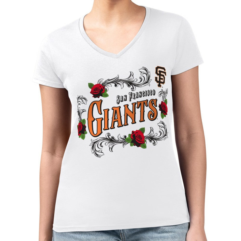 San Francisco Giants G-III 4Her by Carl Banks Women's Super-Slim Fit Lightweight Retro Roses V-Neck T-Shirt - White - MLB Discount