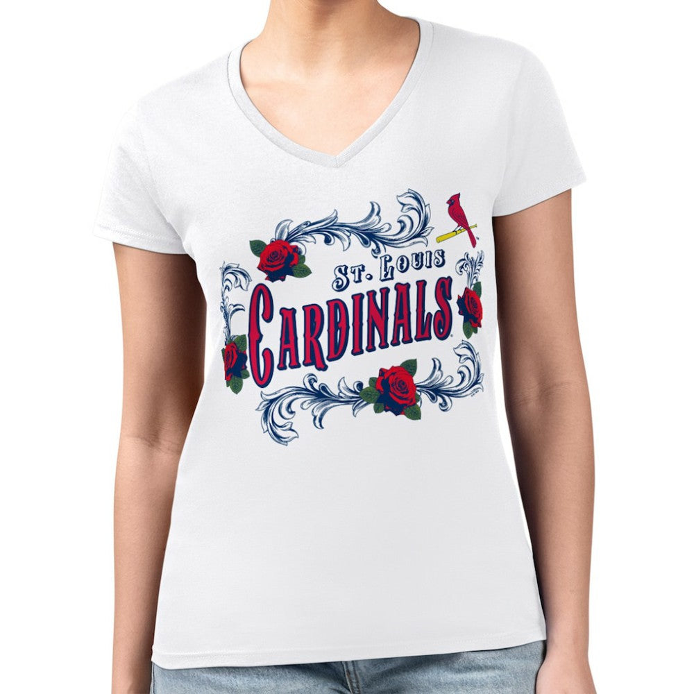 St. Louis Cardinals G-III 4Her by Carl Banks Women's Super-Slim Fit Lightweight Retro Roses V-Neck T-Shirt - White - MLB Sale