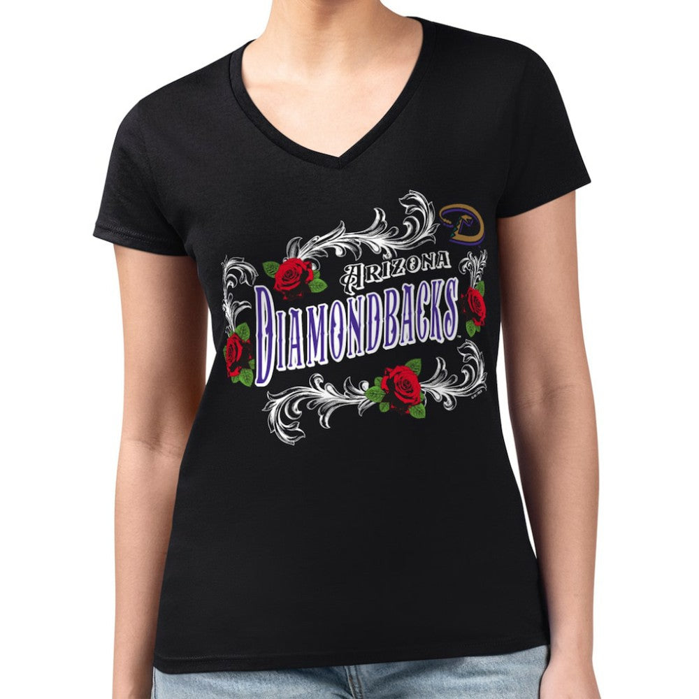 Arizona Diamondbacks G-III 4Her by Carl Banks Women's Super-Slim Fit Lightweight Retro Roses V-Neck T-Shirt - Black - MLB Lifestyle