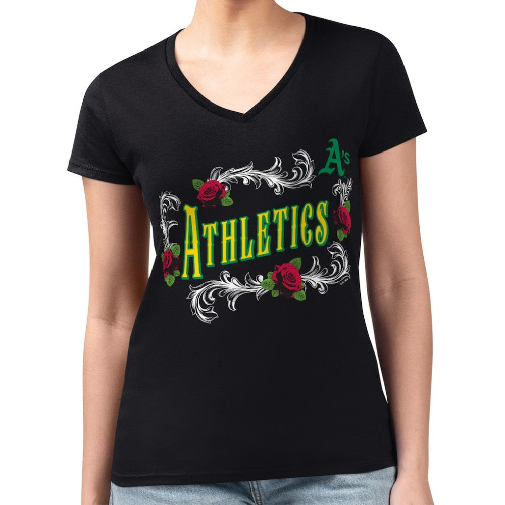 Athletics G-III 4Her by Carl Banks Women's Super-Slim Fit Lightweight Retro Roses V-Neck T-Shirt - Black - MLB Discount