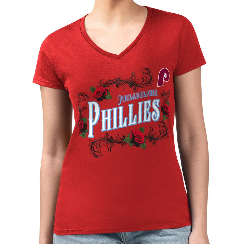 Philadelphia Phillies G-III 4Her by Carl Banks Women's Super-Slim Fit Lightweight Retro Roses V-Neck T-Shirt - Red - MLB Lifestyle