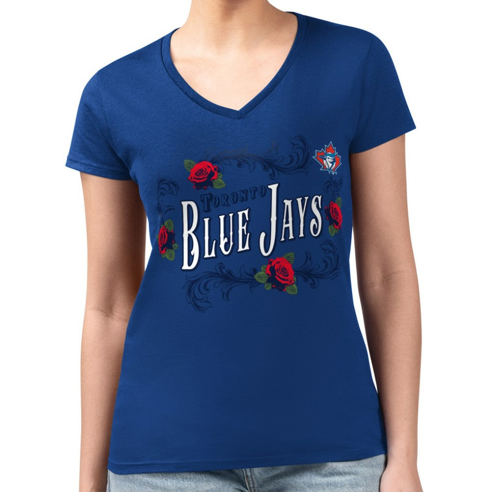Toronto Blue Jays G-III 4Her by Carl Banks Women's Super-Slim Fit Lightweight Retro Roses V-Neck T-Shirt - Royal - MLB on Sale