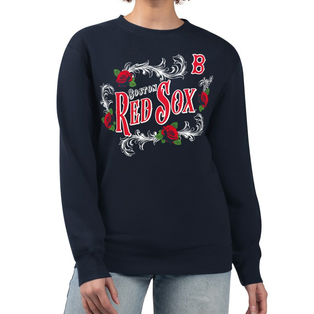 Boston Red Sox G-III 4Her by Carl Banks Women's Retro Roses Fleece Pullover Sweatshirt - Navy - MLB Sale