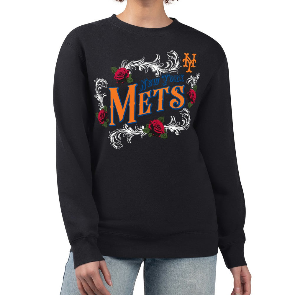 New York Mets G-III 4Her by Carl Banks Women's Retro Roses Fleece Pullover Sweatshirt - Black - MLB Lifestyle