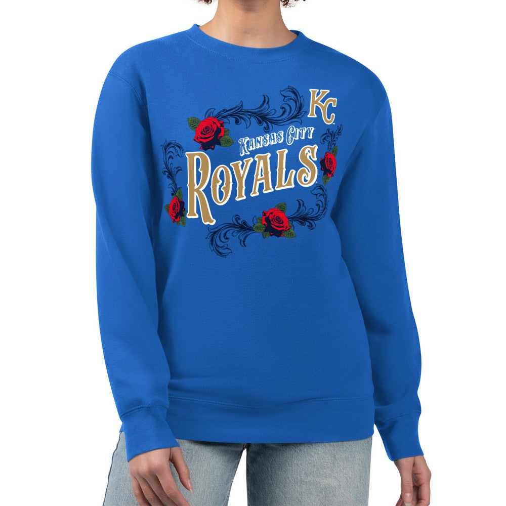 Kansas City Royals G-III 4Her by Carl Banks Women's Retro Roses Fleece Pullover Sweatshirt - Royal - MLB on Sale