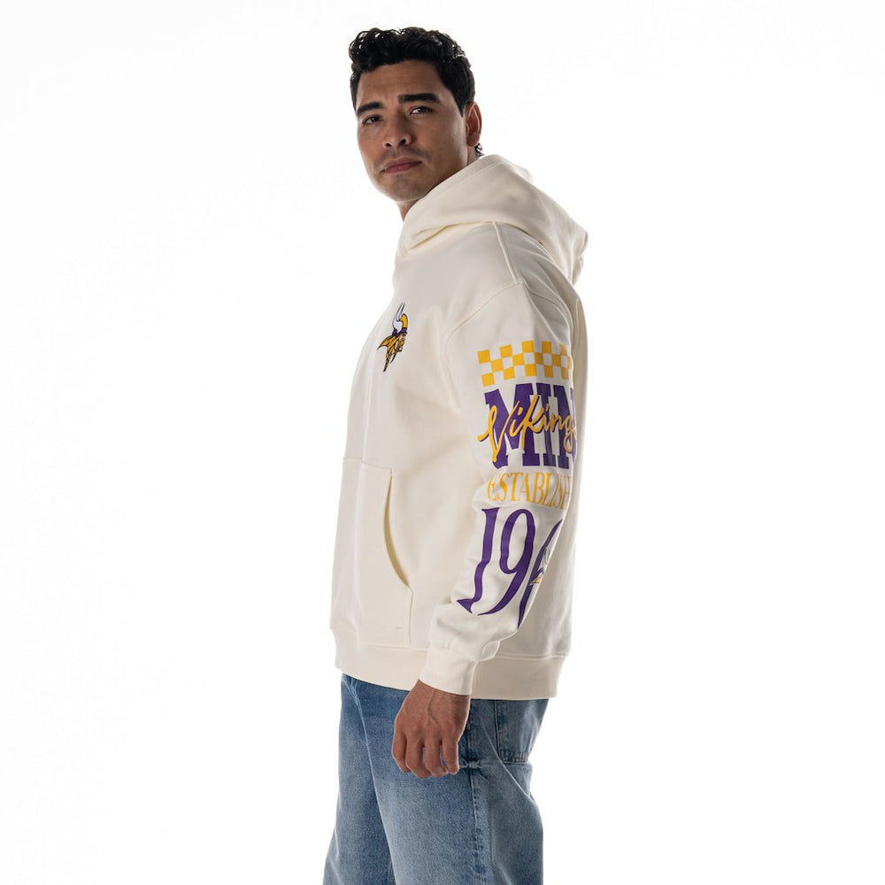 Minnesota Vikings The Wild Collective Unisex Stacked Graphic Sleeve Fleece Hoodie Cream