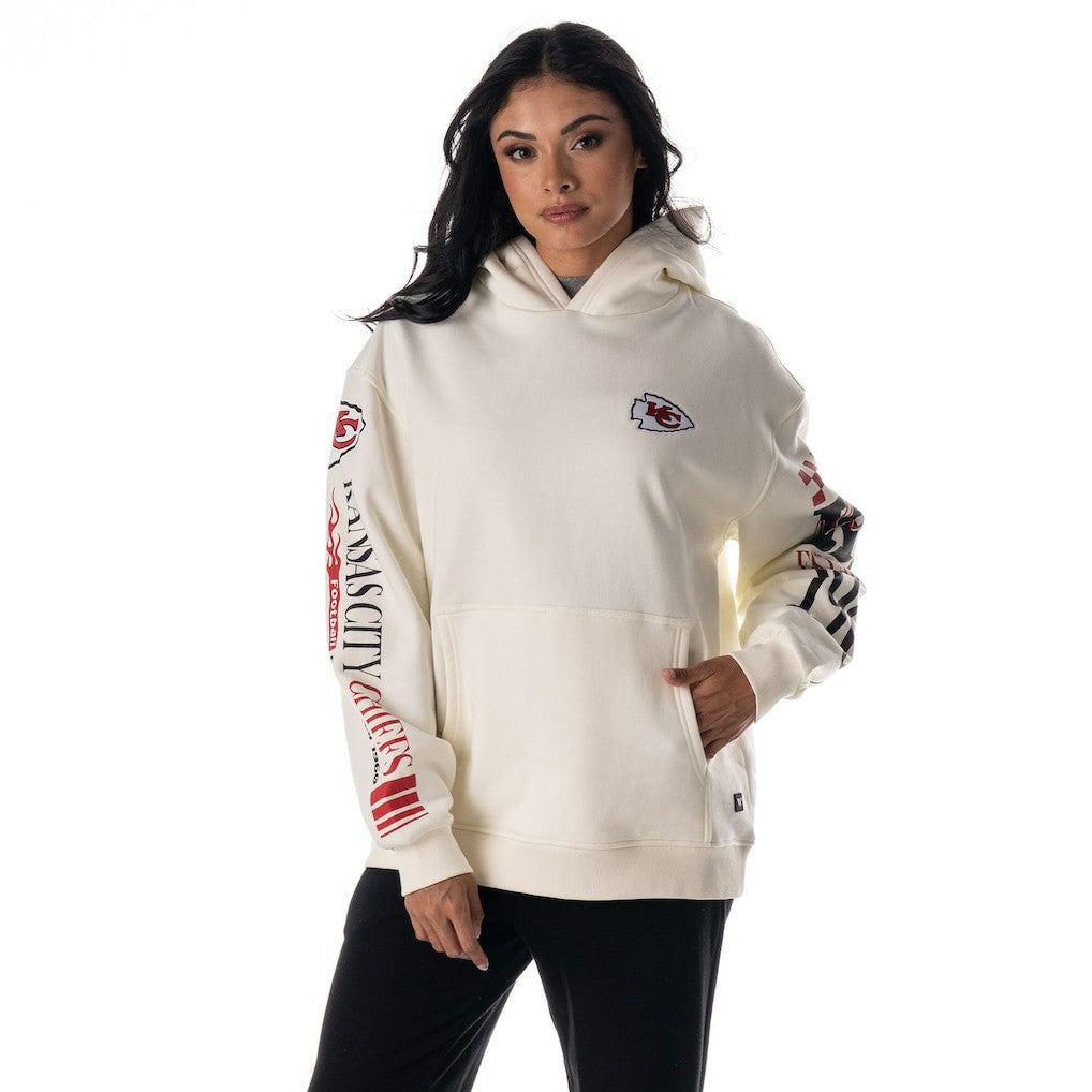 Kansas City Chiefs The Wild Collective Unisex Stacked Graphic Sleeve Fleece Hoodie Cream