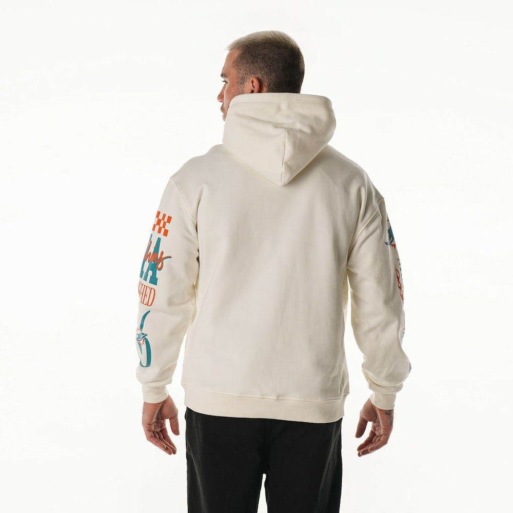 Miami Dolphins The Wild Collective Unisex Stacked Graphic Sleeve Fleece Hoodie Cream